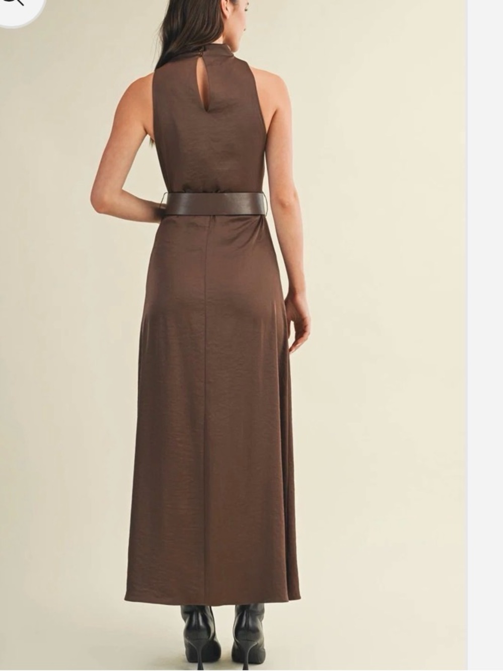 Brown Satin Maxi Dress with Belt - Picture 6 of 10